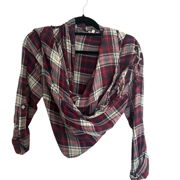 En Creme Plaid Flannel Fringed Cardigan Scarf Shaw Sz M - Picture 3 of 8